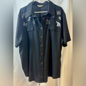 C.M. Shapes Vintage Black SS‎ Button Down Safari Stamp Print Shirt Sz 2X